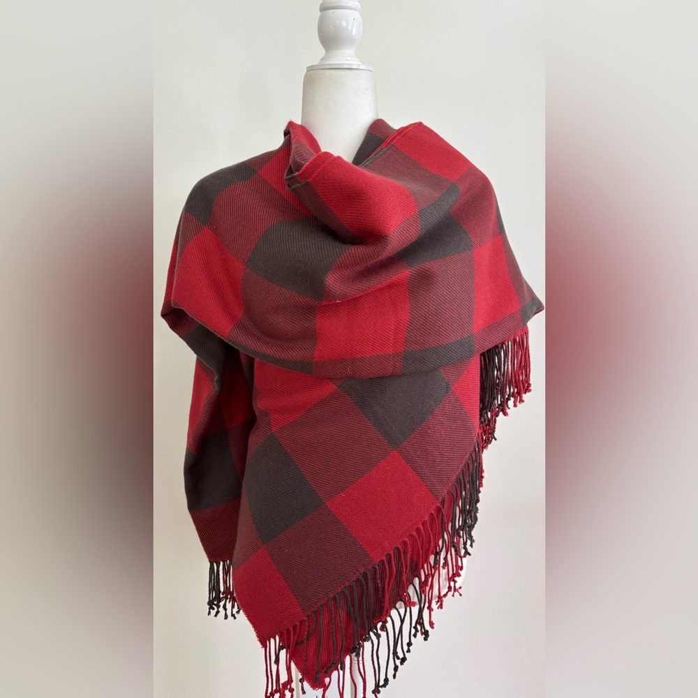 (2) Pottery Barn Red and Gray Checkered Scarf wrap 50”x 60”
